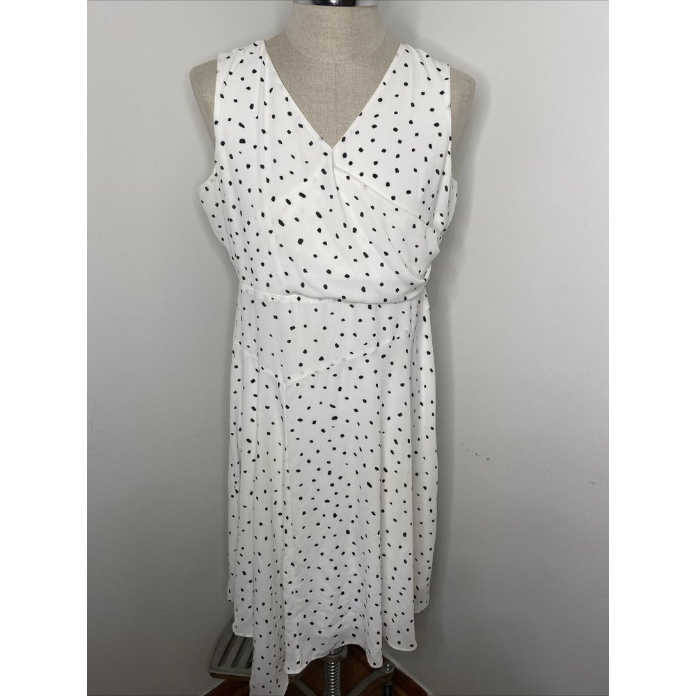 Donna Karen Dress Sz 12 White Black V Neck Fit & Flare Sleeveless Midi